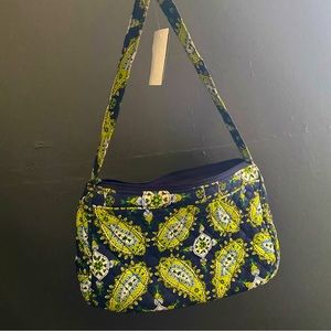 Navy lime green and white paisley print quilted shoulder bag